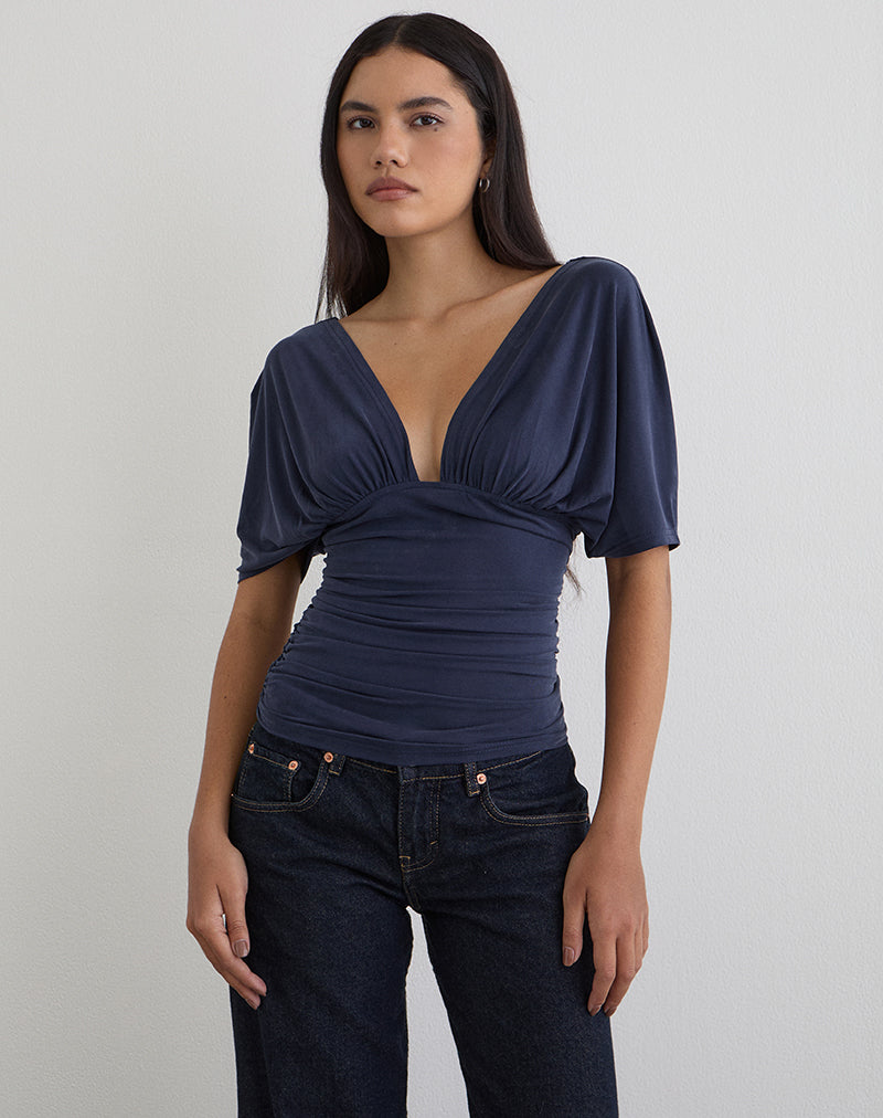 Vernia Plunge Batwing Top aus Cupro Navy