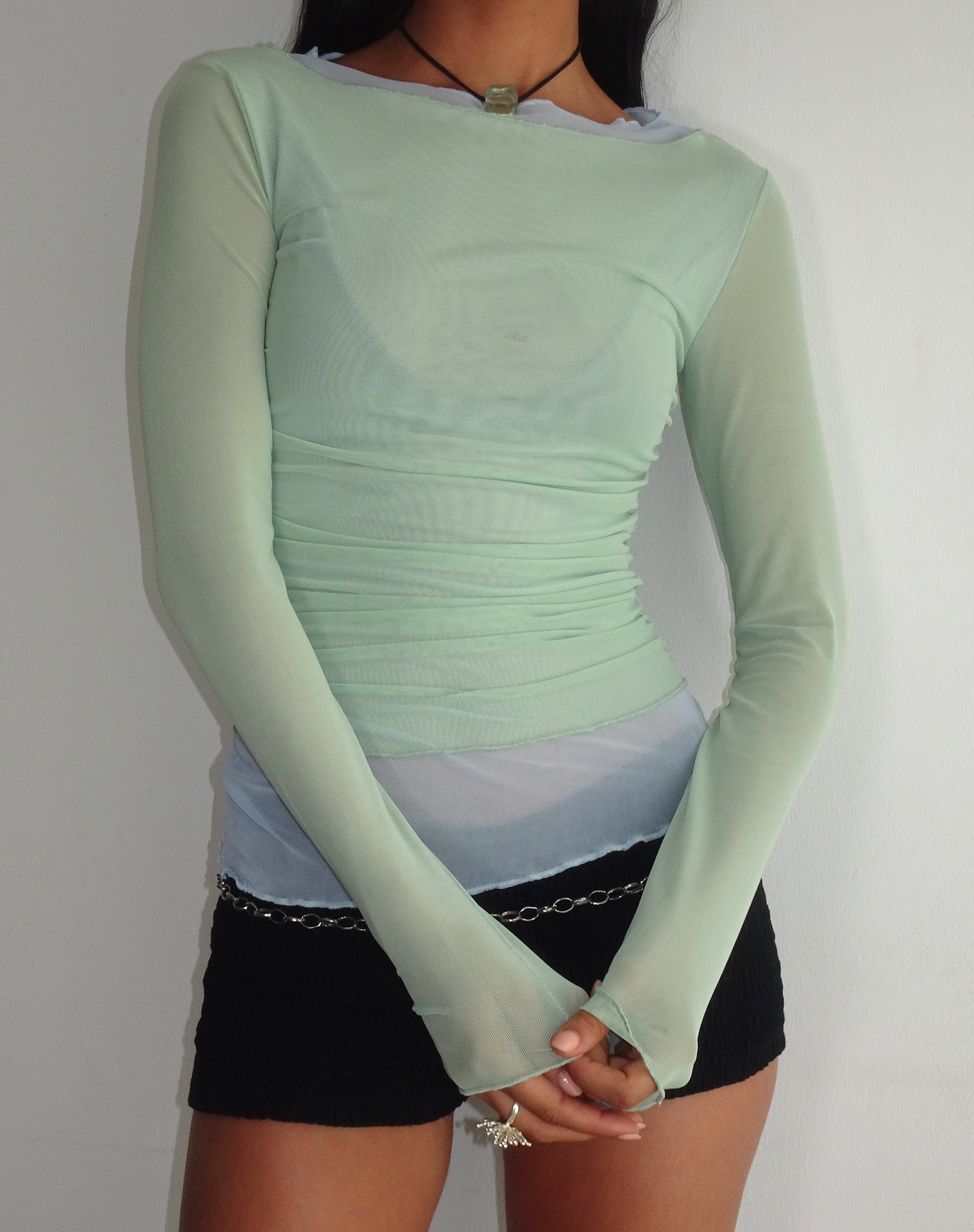 Image of Vrist Langärmeliges Mesh-Top in Frostblau