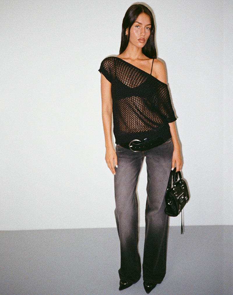 Image of Weavora Slash Neck Top in Open Knit Schwarz