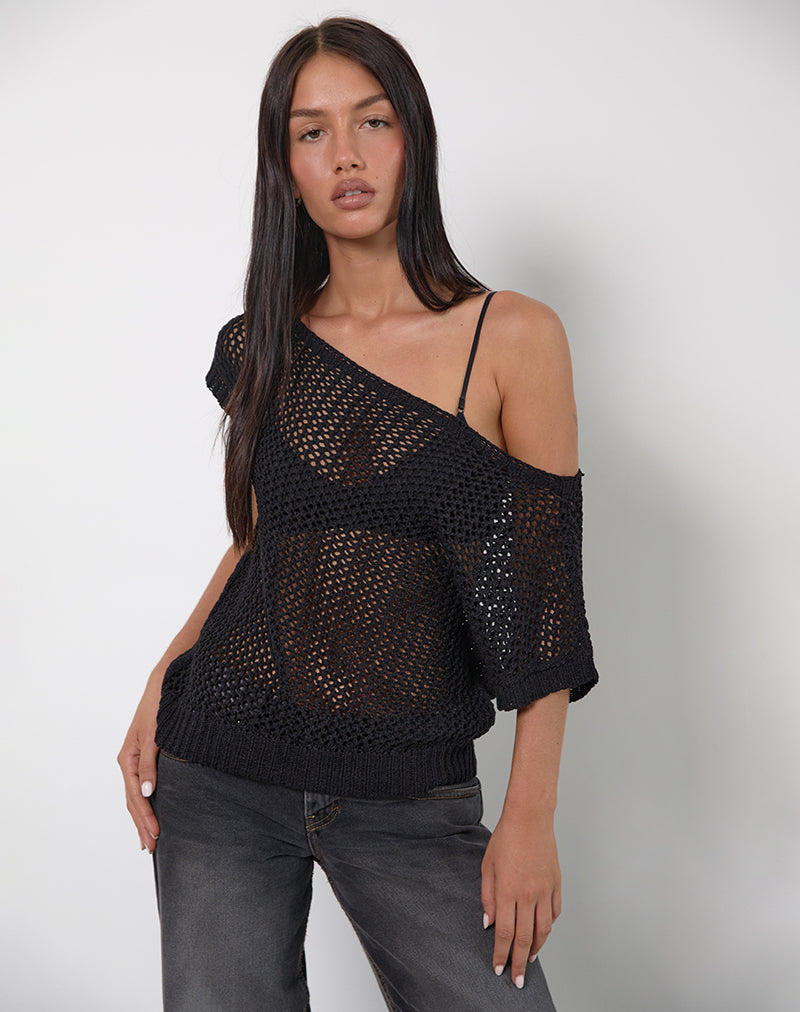 Weavora Slash Neck Top aus offenem Strick Schwarz