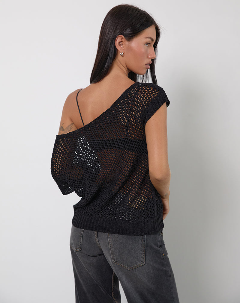 Image of Weavora Slash Neck Top in Open Knit Schwarz