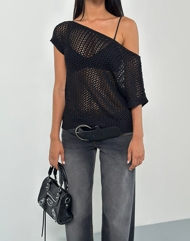 Image of Weavora Slash Neck Top in Open Knit Schwarz