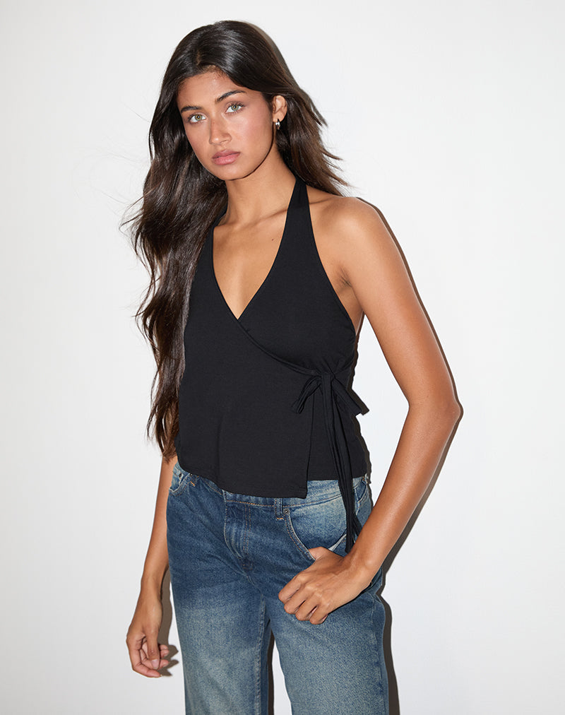Wisty Neckholder Wrap Top aus Jersey Schwarz