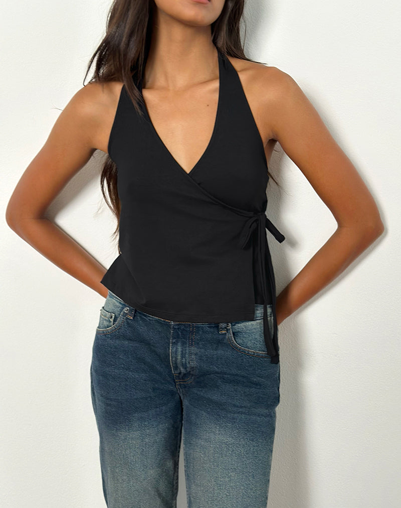 Image of Wisty Neckholder Wrap Top aus Jersey Schwarz