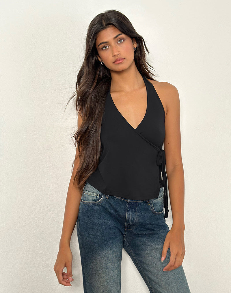 Image of Wisty Neckholder Wrap Top aus Jersey Schwarz