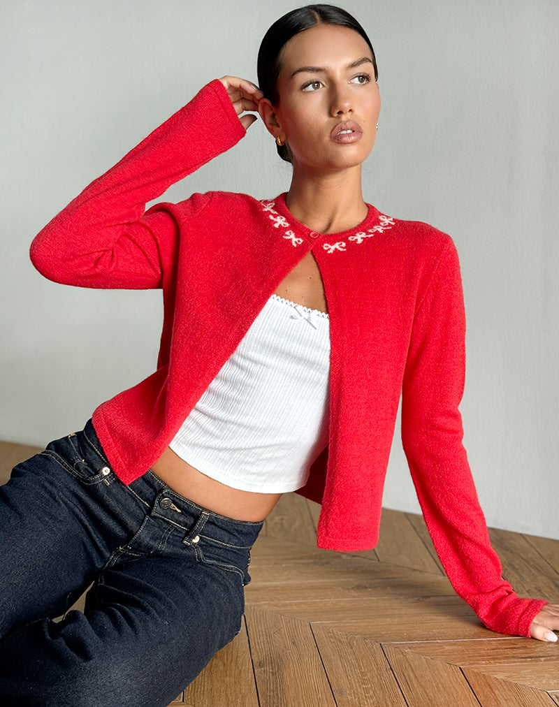 Bild von Wunara Strickjacke in Rot mit rosa Schleifen