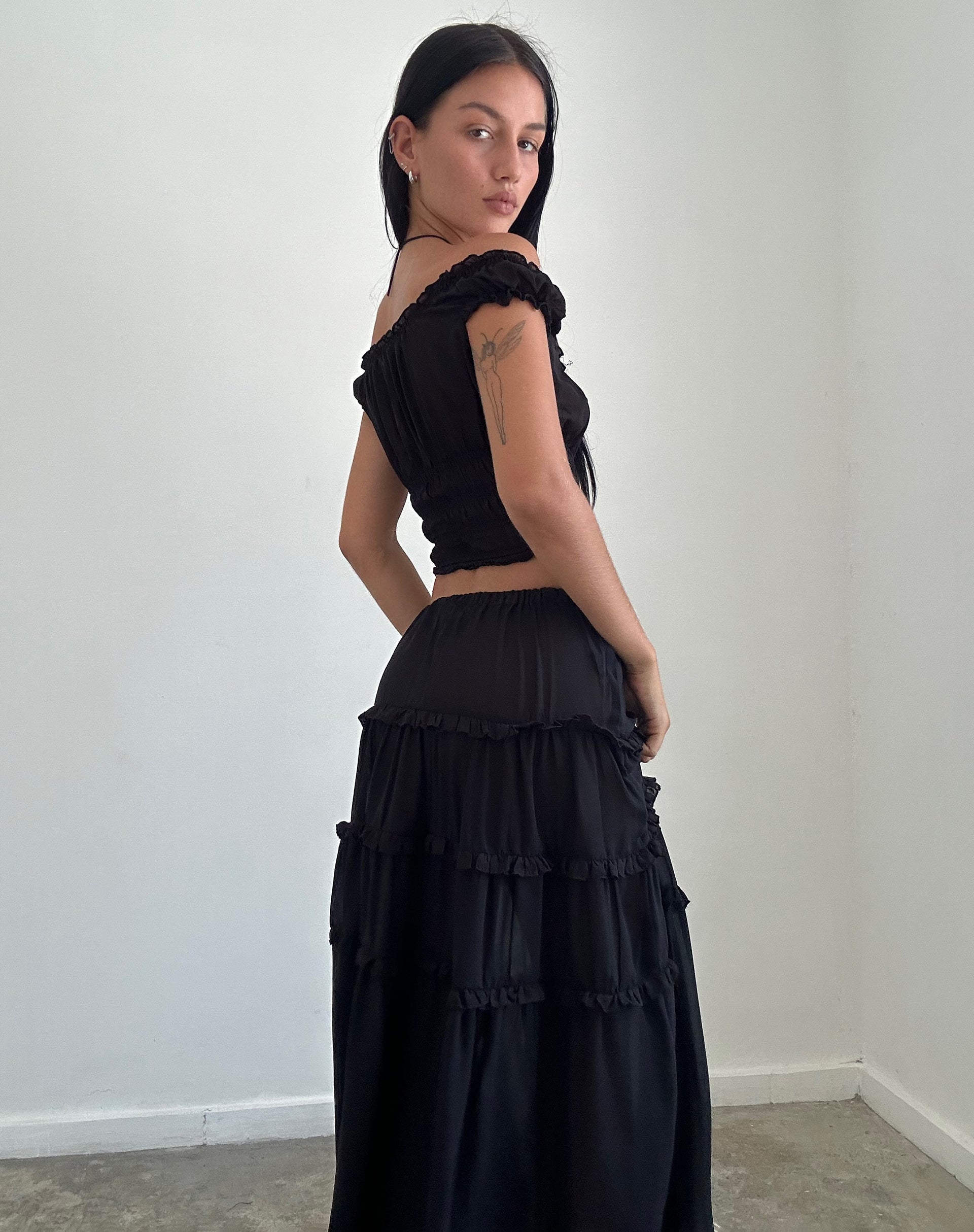 Image of Xavi Gerafftes Bardot-Top aus Chiffon Schwarz