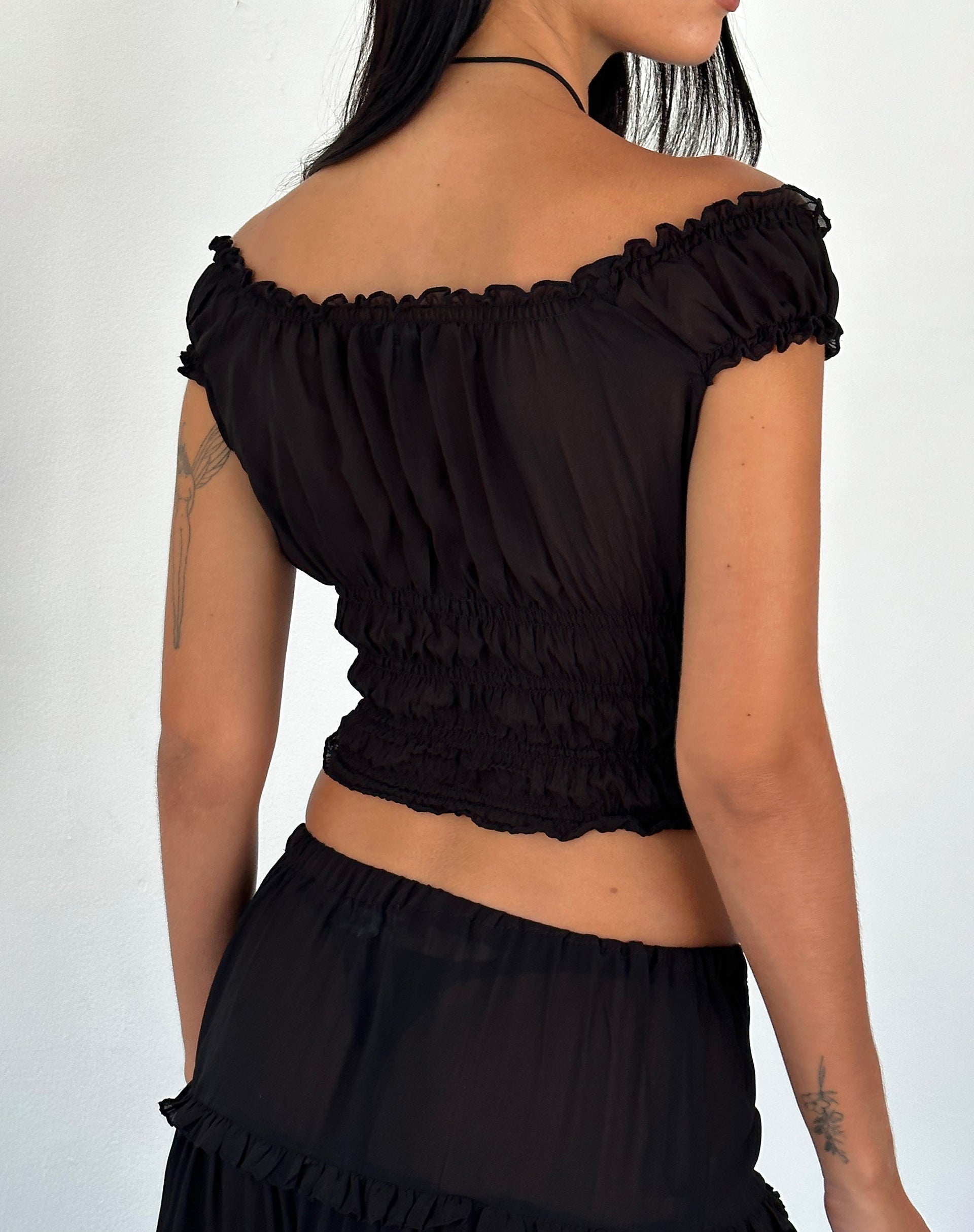 Image of Xavi Gerafftes Bardot-Top aus Chiffon Schwarz