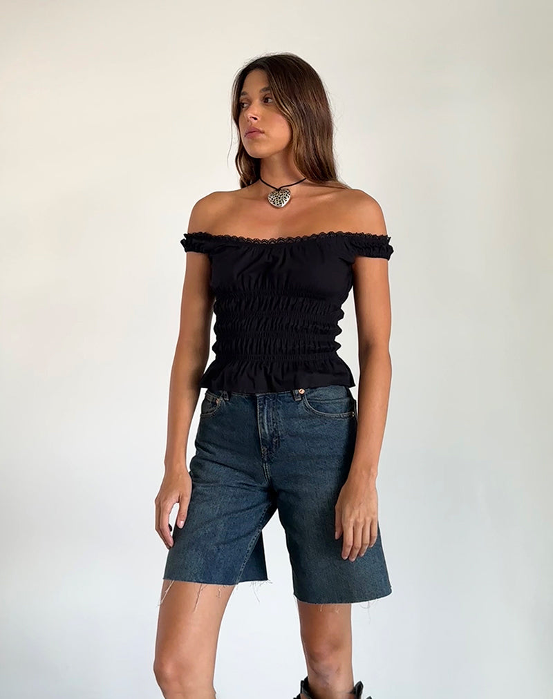 Image of Xavinia Gerafftes Bardot-Top aus schwarzer Popeline
