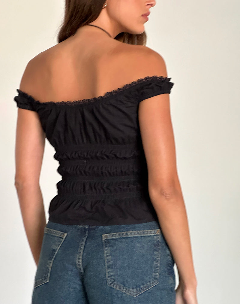Image of Xavinia Gerafftes Bardot-Top aus schwarzer Popeline