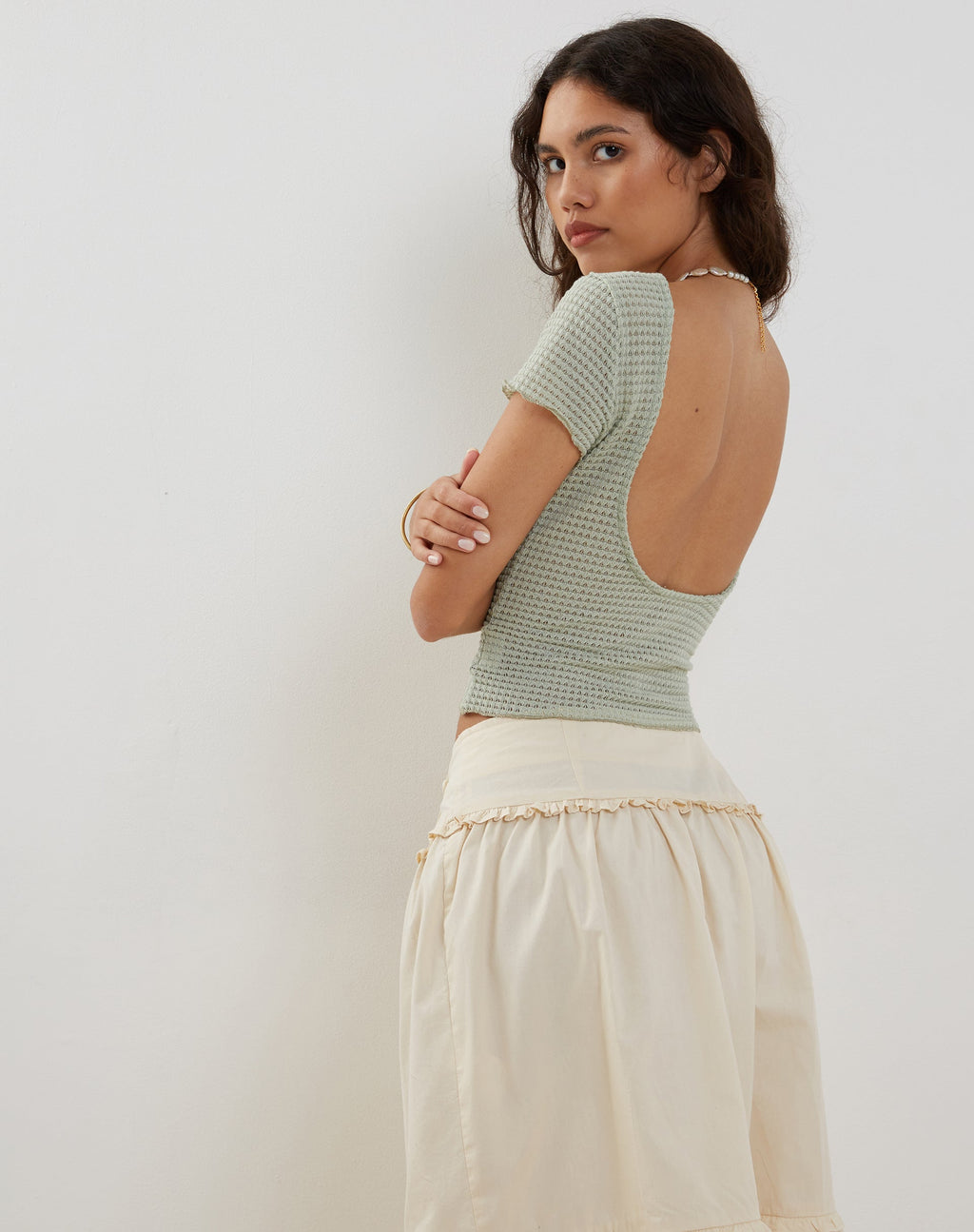Xiwang Crop Top in Salbei Strukturierte Häkelarbeit