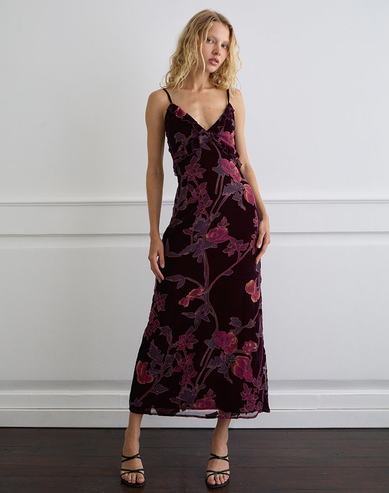 Yamira Maxikleid in Floral Devore Burgundy