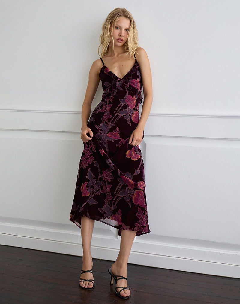 Image of Yamira Maxikleid mit Blumenmuster Devore Burgundy
