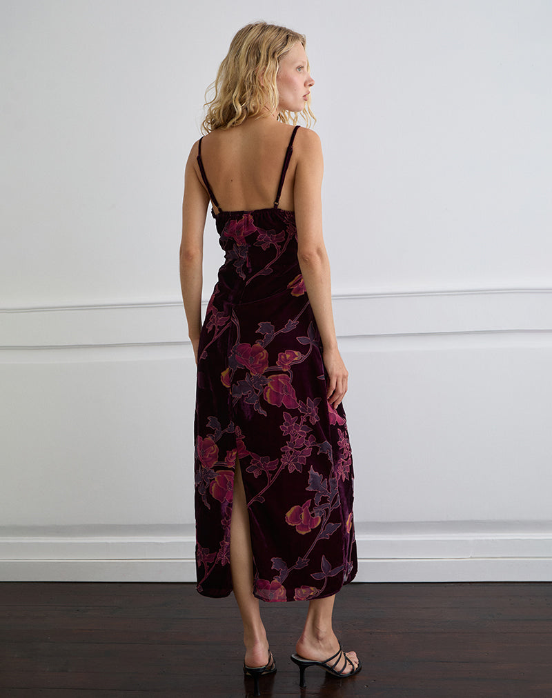 Image of Yamira Maxikleid mit Blumenmuster Devore Burgundy