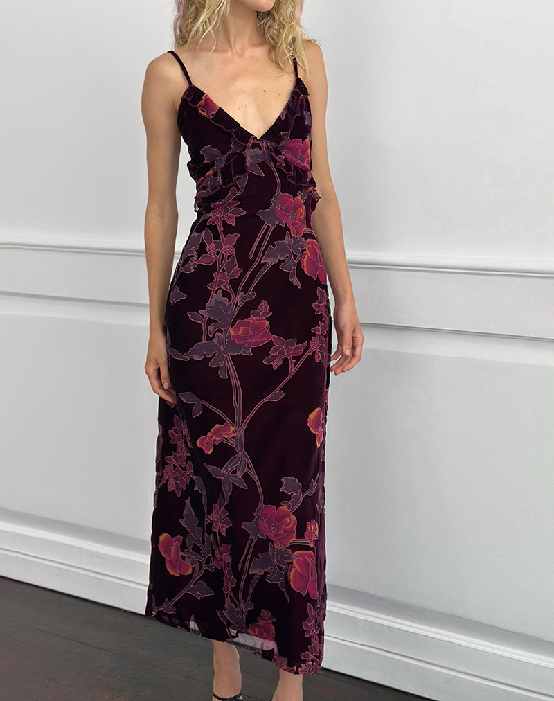 Image of Yamira Maxikleid mit Blumenmuster Devore Burgundy