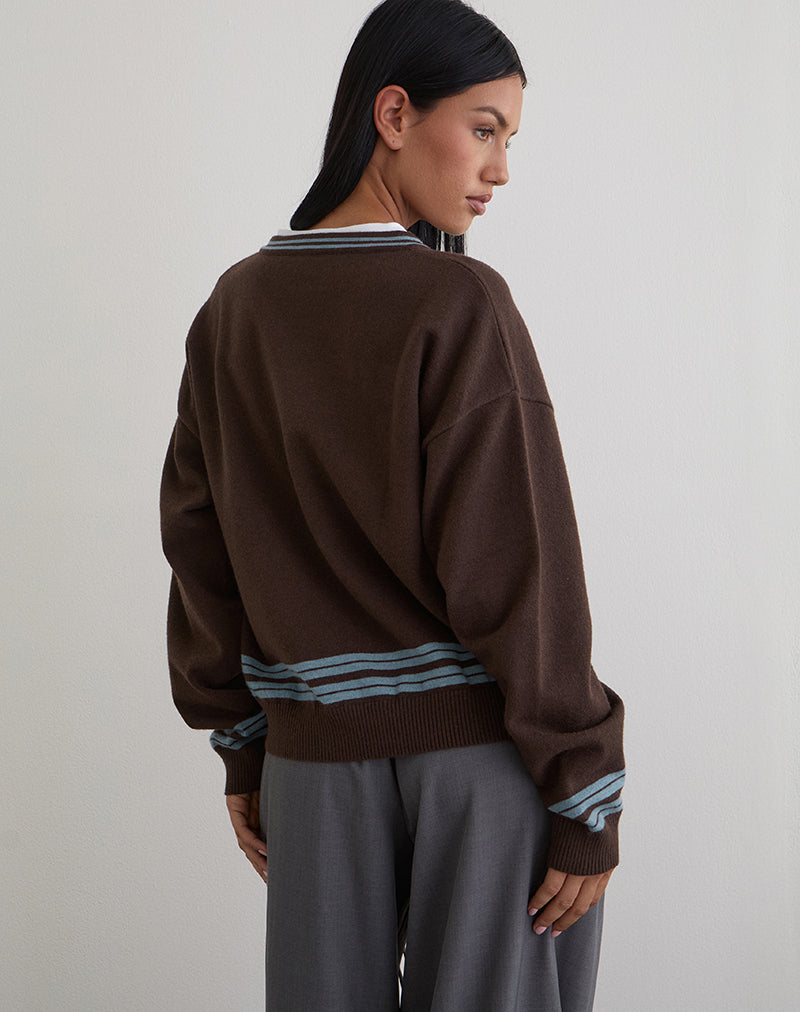 Image of Yarnia Slouchy V-neck Jumper in Brown and Blue