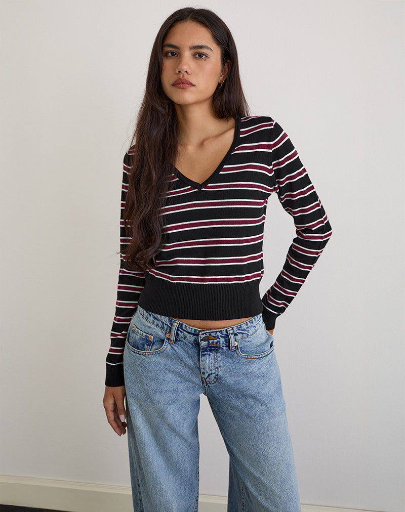 Yasra Pullover aus Streifenstrick Schwarz-Burgund