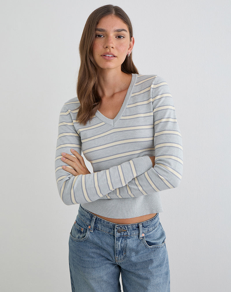 Bild von Yasra Jumper in gestreifter Strickoptik, cremefarben und grau