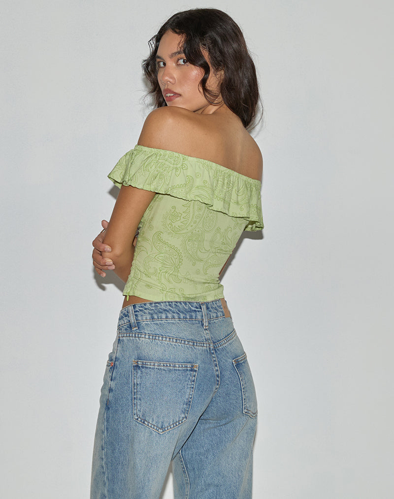 Bild von Yokai Bardot Top in Retro Paisley Lime