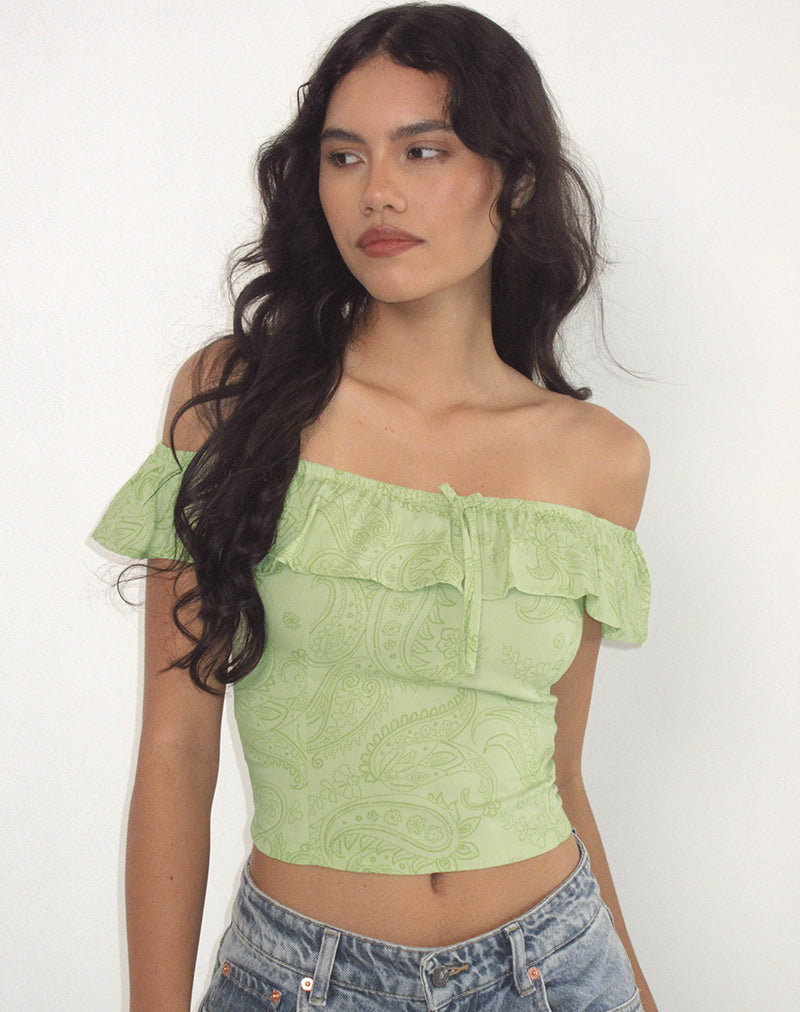 Bild von Yokai Bardot Top in Retro Paisley Lime