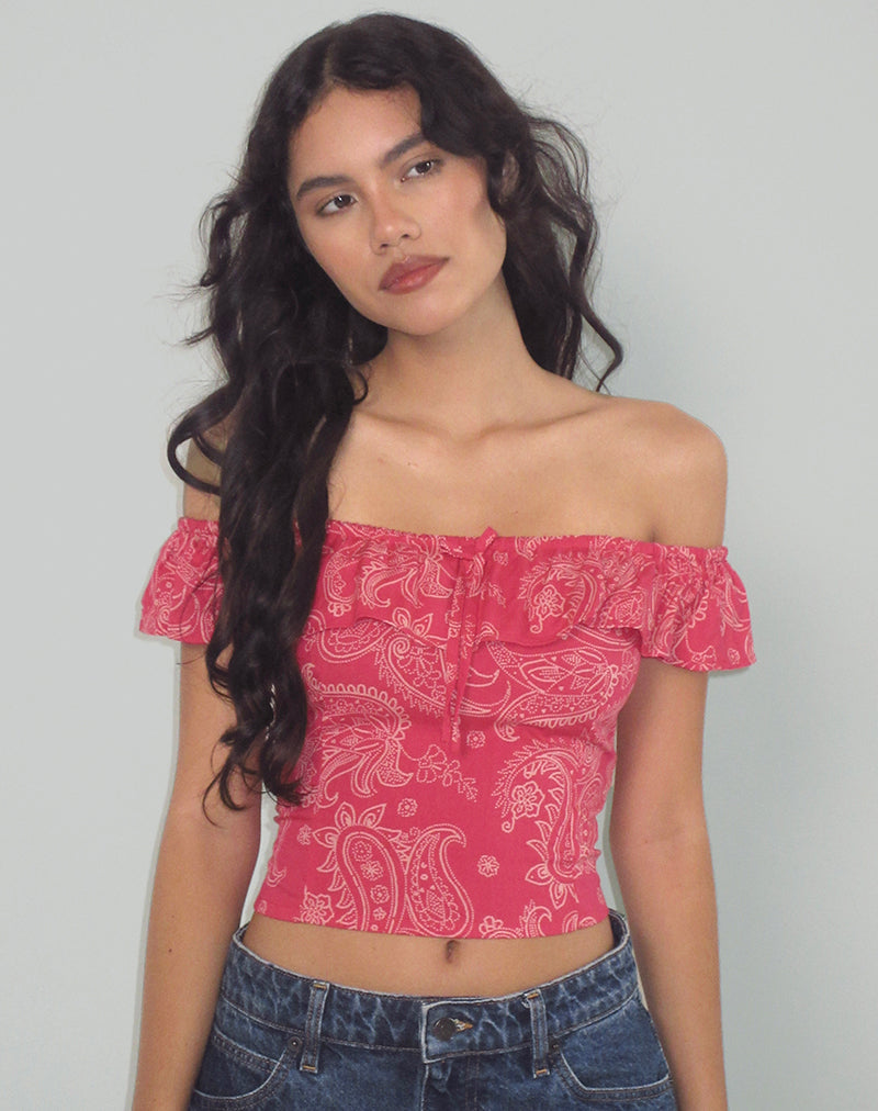 Bild von Yokai Bardot Top in Retro Paisley Pink