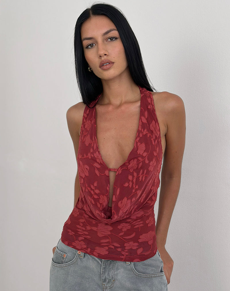 Bild von Yukari Plunge Top in Burnout Mesh Rot