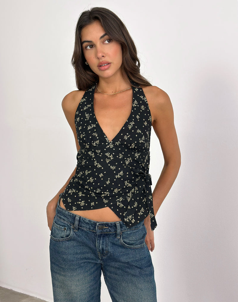 Image of Yung Neckholder Wrap Top in Floral Land Schwarz