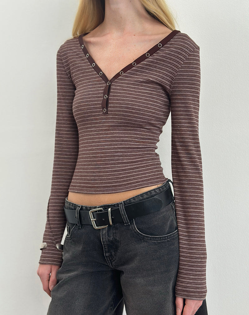Image of Yusi Langärmeliges Top in Braun und Grau gestreift