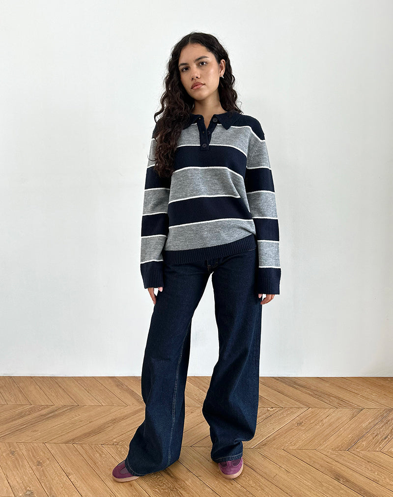 Image of Yusnada Übergroßer Rugby-Pullover in Marineblau und Grau gestreift