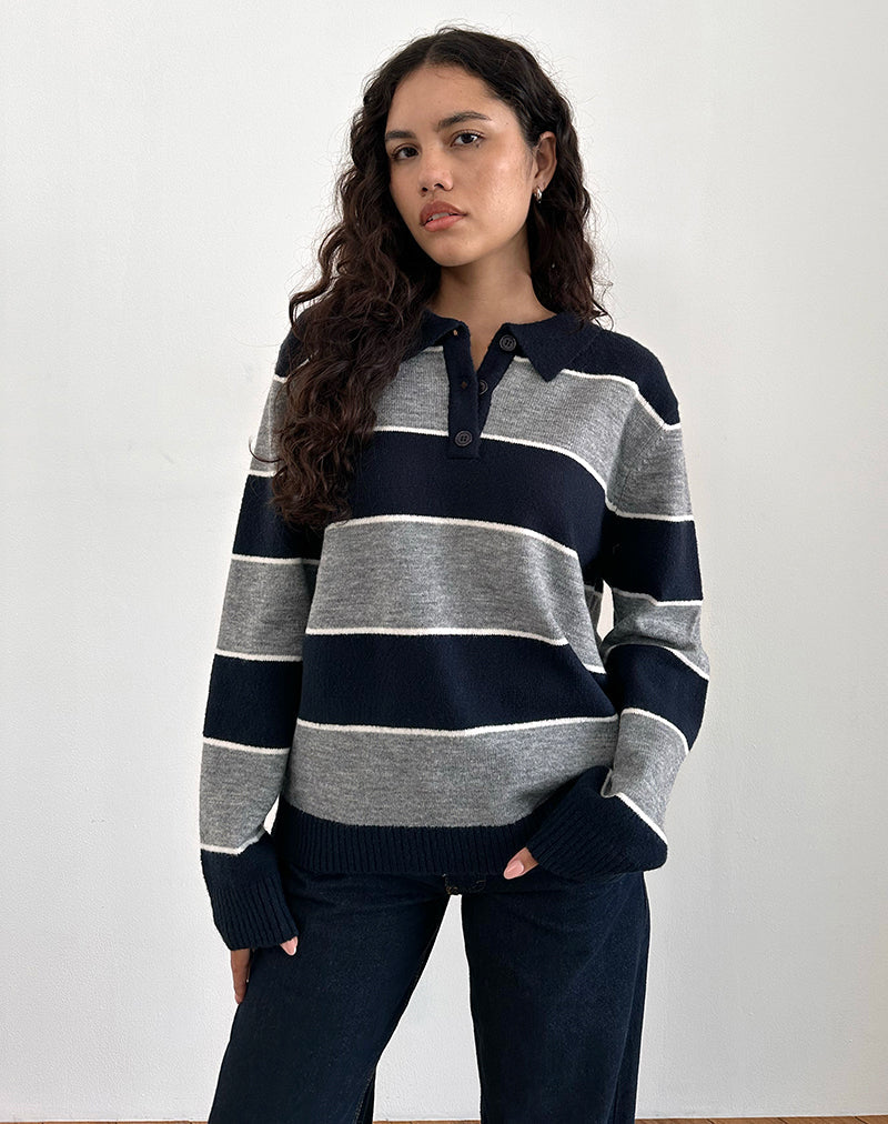 Yusnada Übergroßer Rugby-Pullover in Marineblau und Grau gestreift