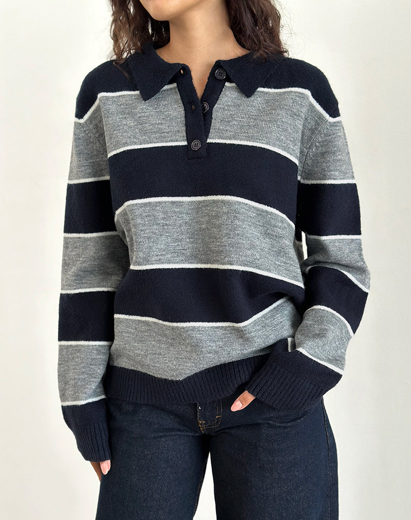 Image of Yusnada Übergroßer Rugby-Pullover in Marineblau und Grau gestreift