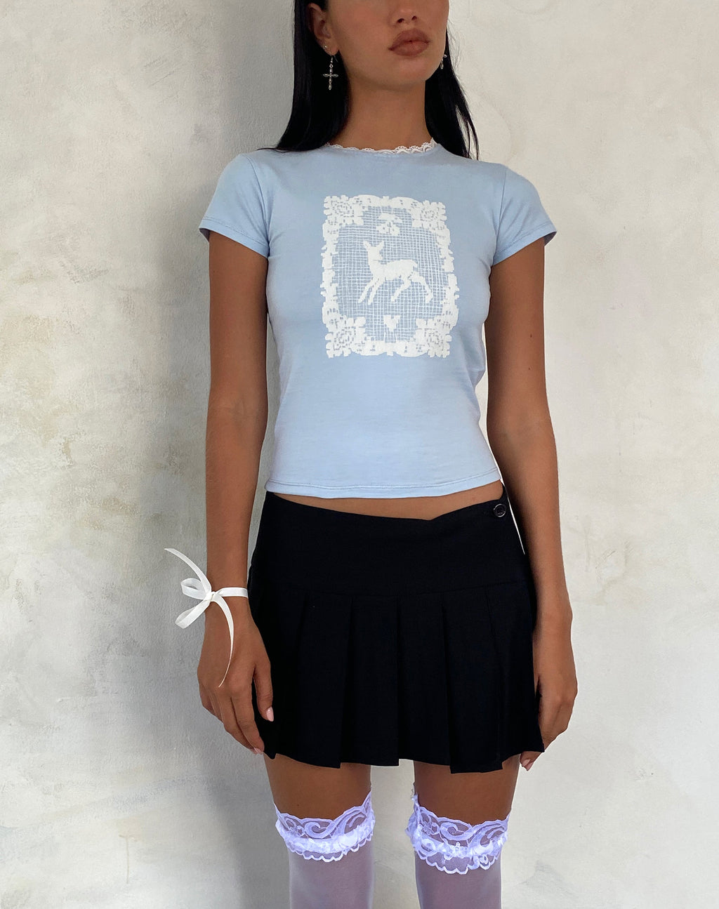 Zagy Kurzarm-T-Shirt in Puderblau mit Hirschmotiv