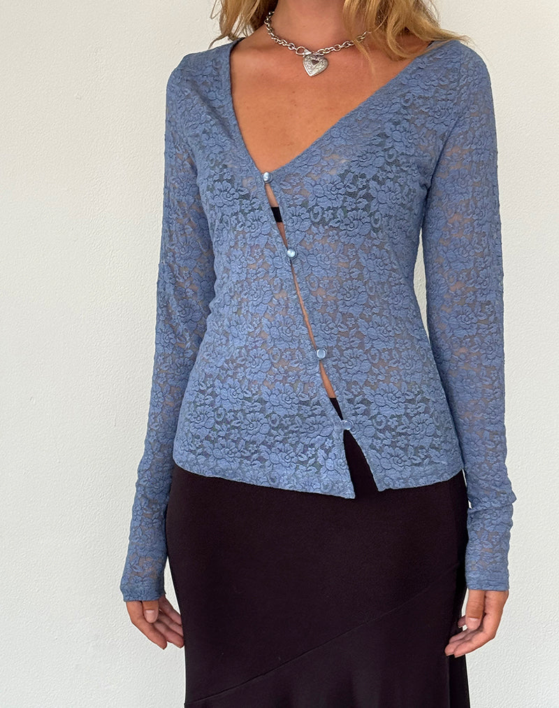 Zatin Asymmetrische Strickjacke aus mondlichtblauer Spitze