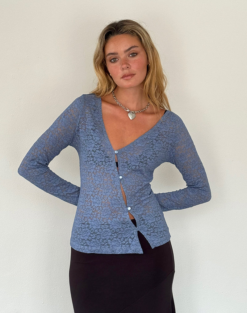 Zatin Asymmetrische Strickjacke aus mondlichtblauer Spitze