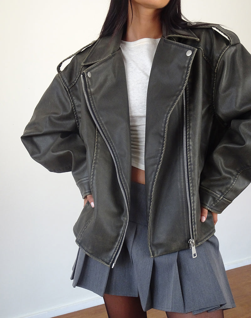 Bild von Zebbie Distressed Biker Jacket in Olive