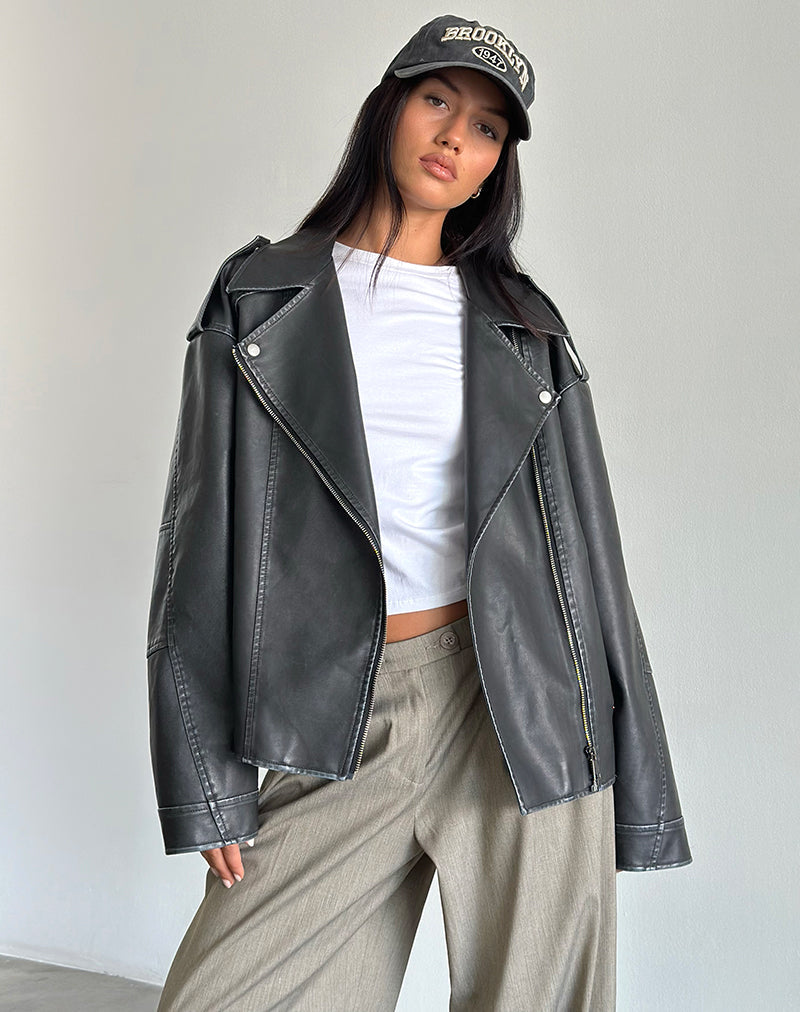 Zebbie Distressed PU Biker Jacke in Schwarz