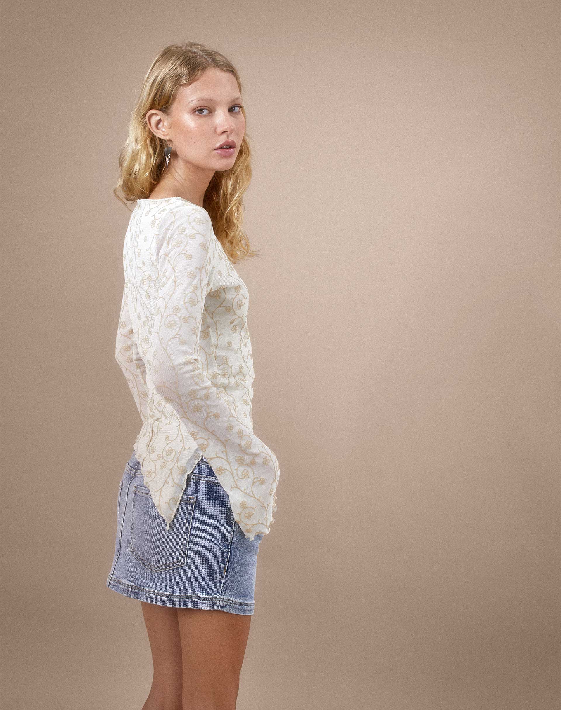 Bild von Zest Mesh Long Sleeve Top in Beige mit hellbraunem Flock
