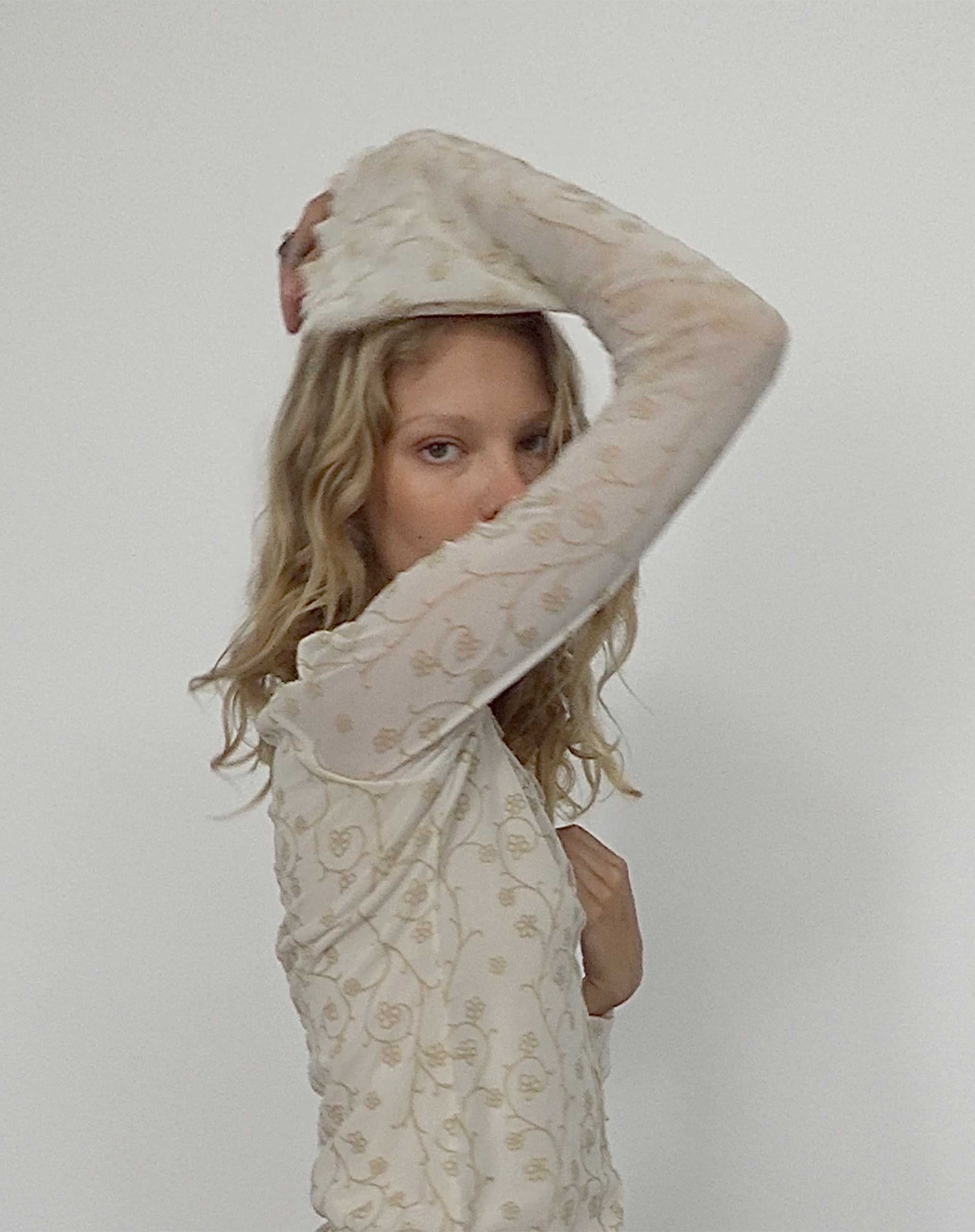 Bild von Zest Mesh Long Sleeve Top in Beige mit hellbraunem Flock