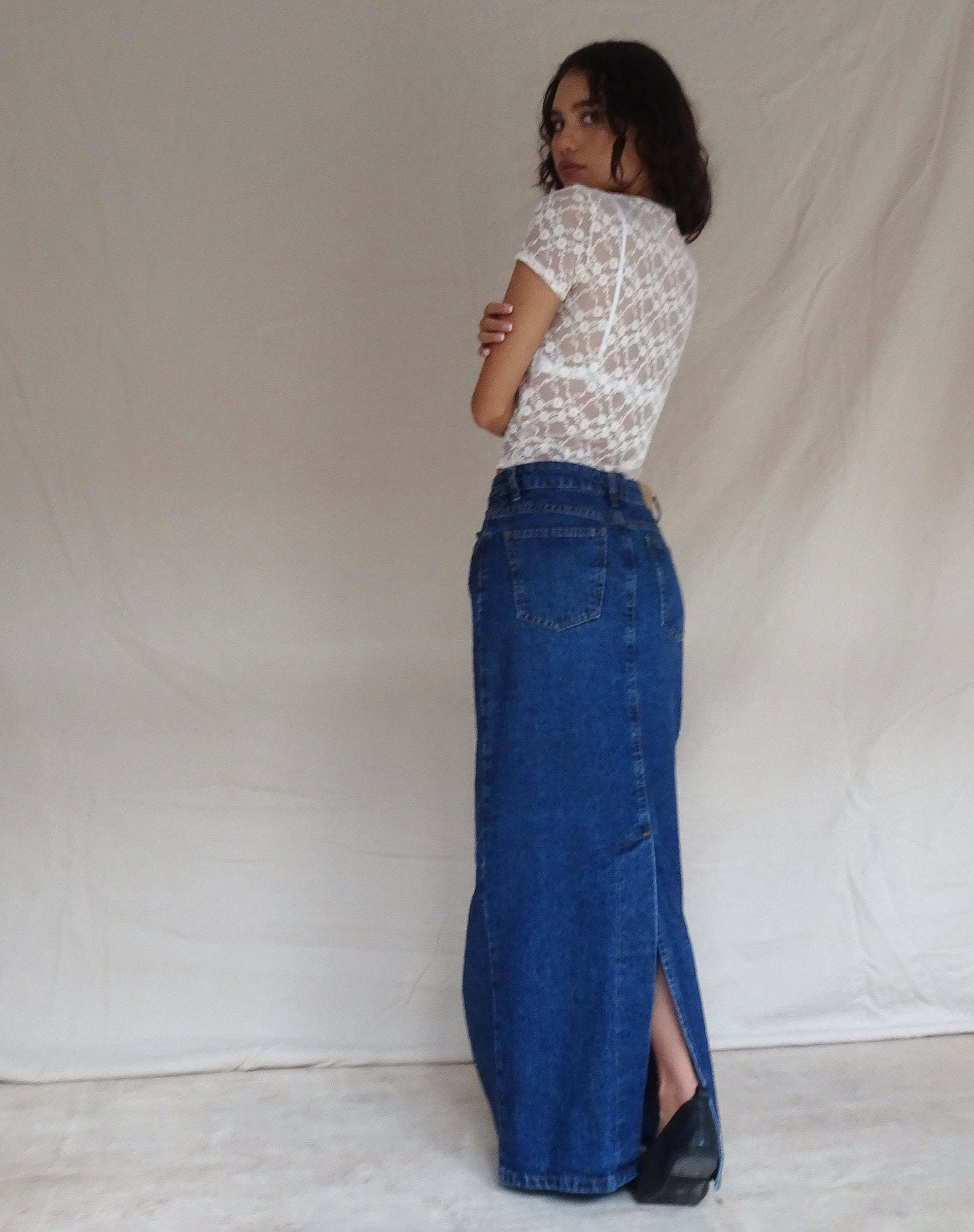Bild von Low Rise Denim Maxirock in Mid Blue Used