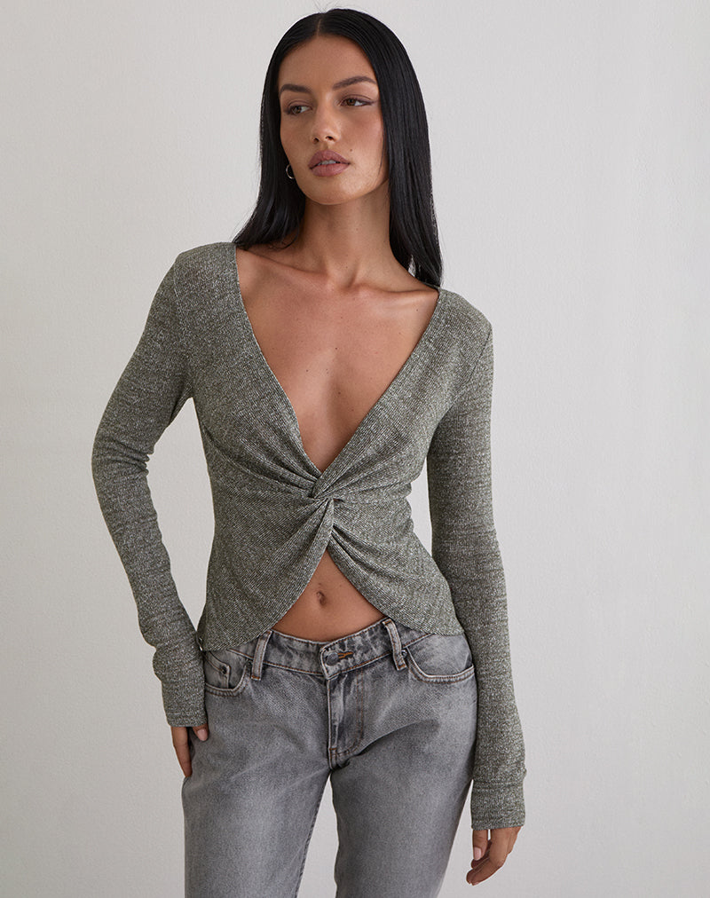 Image of Zoril Twist Top aus Glitzerstrick Khaki