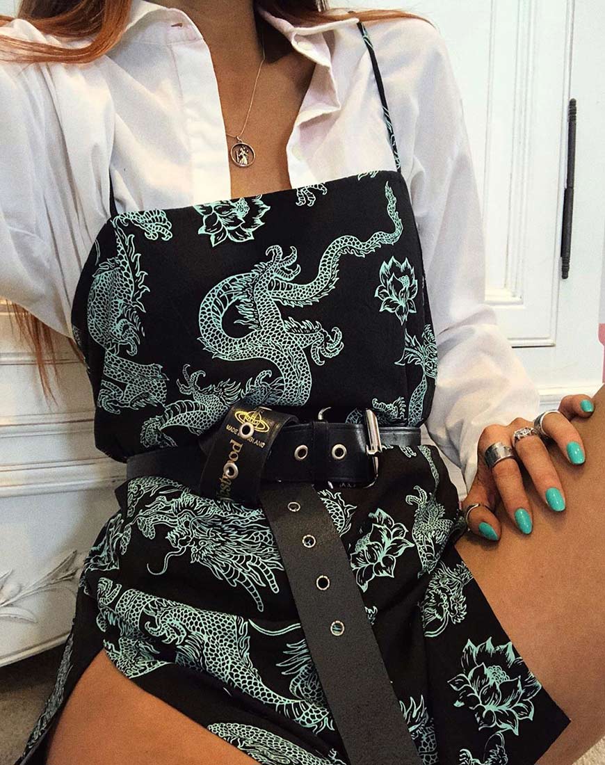 Image of Tista Kleid in Drachenblume Schwarz und Mint