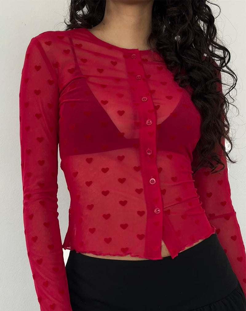 Image of Kahula Shirt in Rot Herz beflockt Mesh