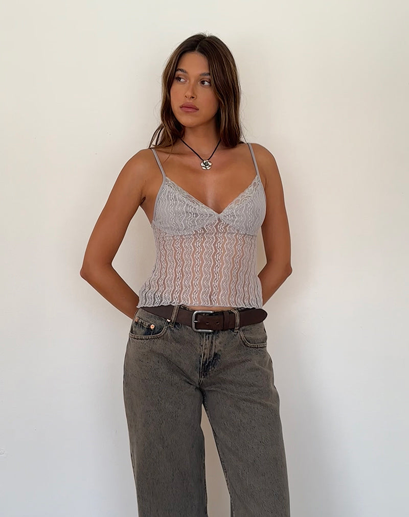Image of Megara Riemchen-Top aus silbergrauem Spitzen-Mesh