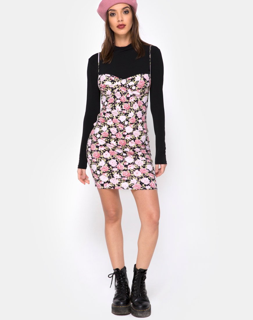 Image of Alvina Bodycon Kleid in Bloom Floral Schwarz Base