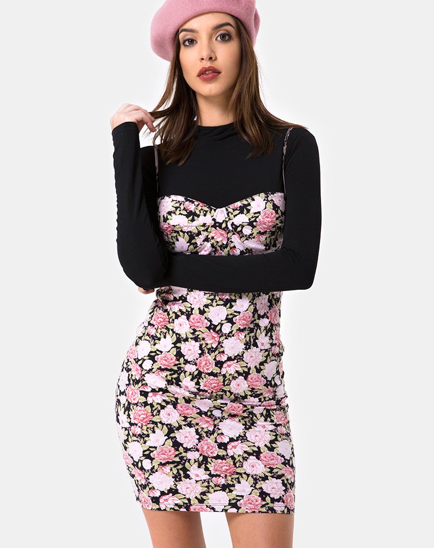 Alvina Bodycon Kleid in Bloom Floral Schwarz Base