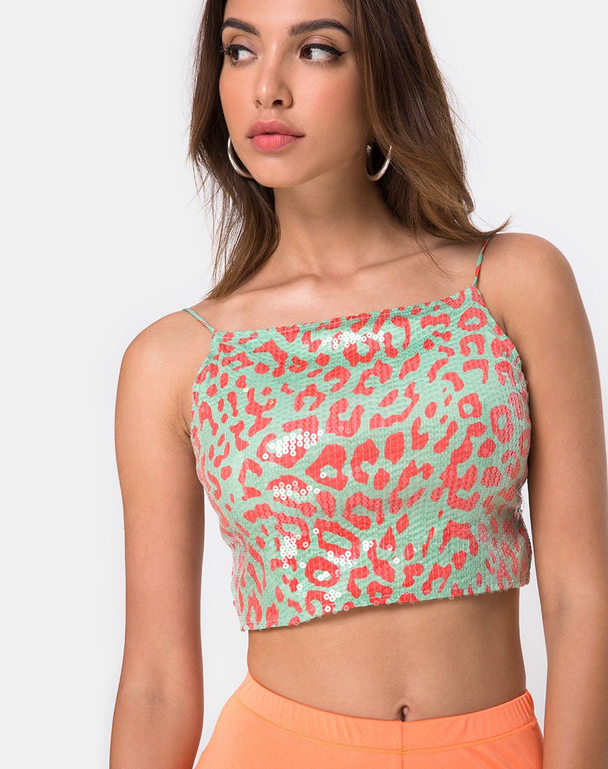 Ahena Crop Top in Fluro Leopard mit klarem Paillettenbesatz