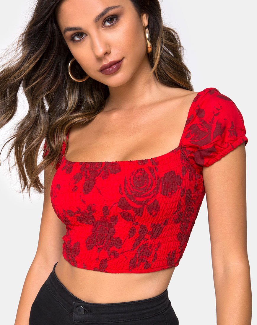 Alya Crop Top in Tonal Floral Rot