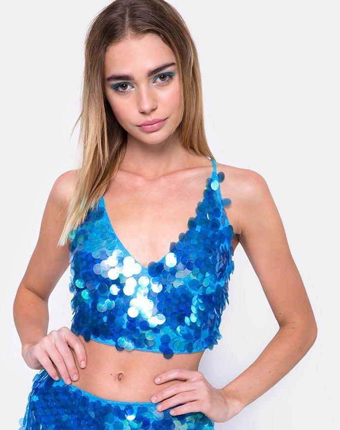 Angel Crop Top aus Fischschuppen mit Pailletten Marine