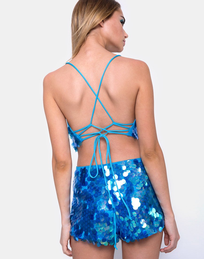 Angel Crop Top aus Fischschuppen mit Pailletten Marine