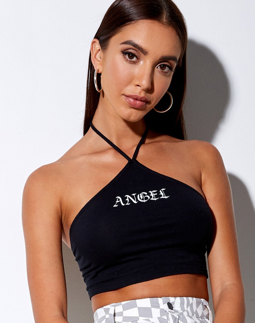 April Crop Top in Schwarz 'Angel' in Weiß